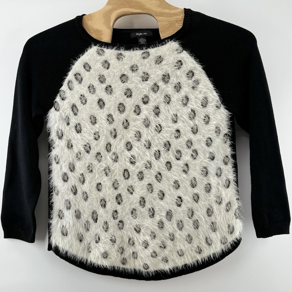 Style & Co Sweater Womens Large Black White Fuzzy Animal Print Crewneck Pullover